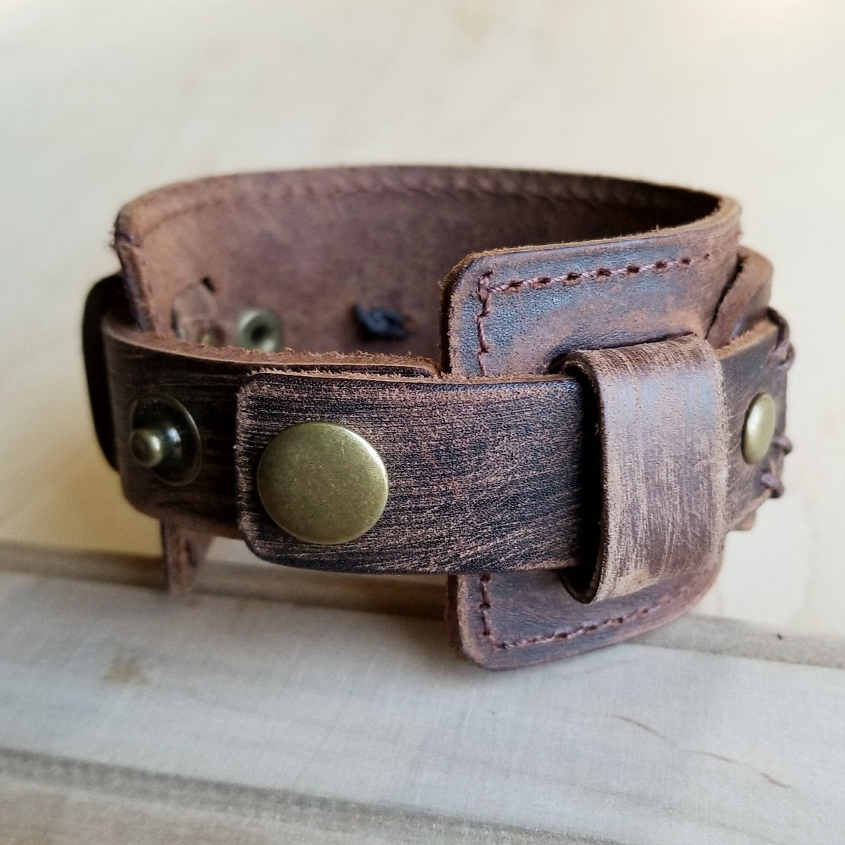 **Genuine Leather Wide Cuff Bracelet w/ Natural Turquoise Chunks 006p