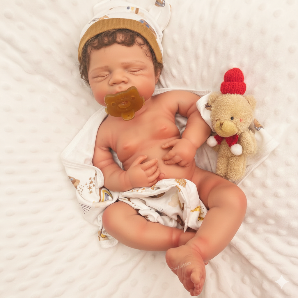 Hendrix 19” W/ NEWBORN CURLY HAIR, CUSTOM MADE Full Silicone Boy Tan Skin Tone open mouth TAT 5 days