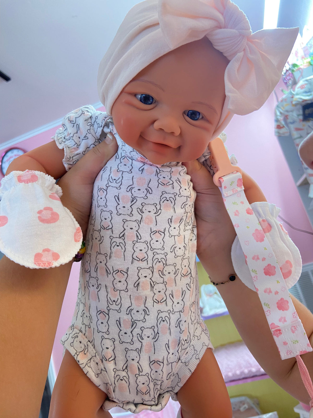 Neilani Bald 18” Full Silicone Baby Girl tan skin, no hair, open mouth approx 6lbs