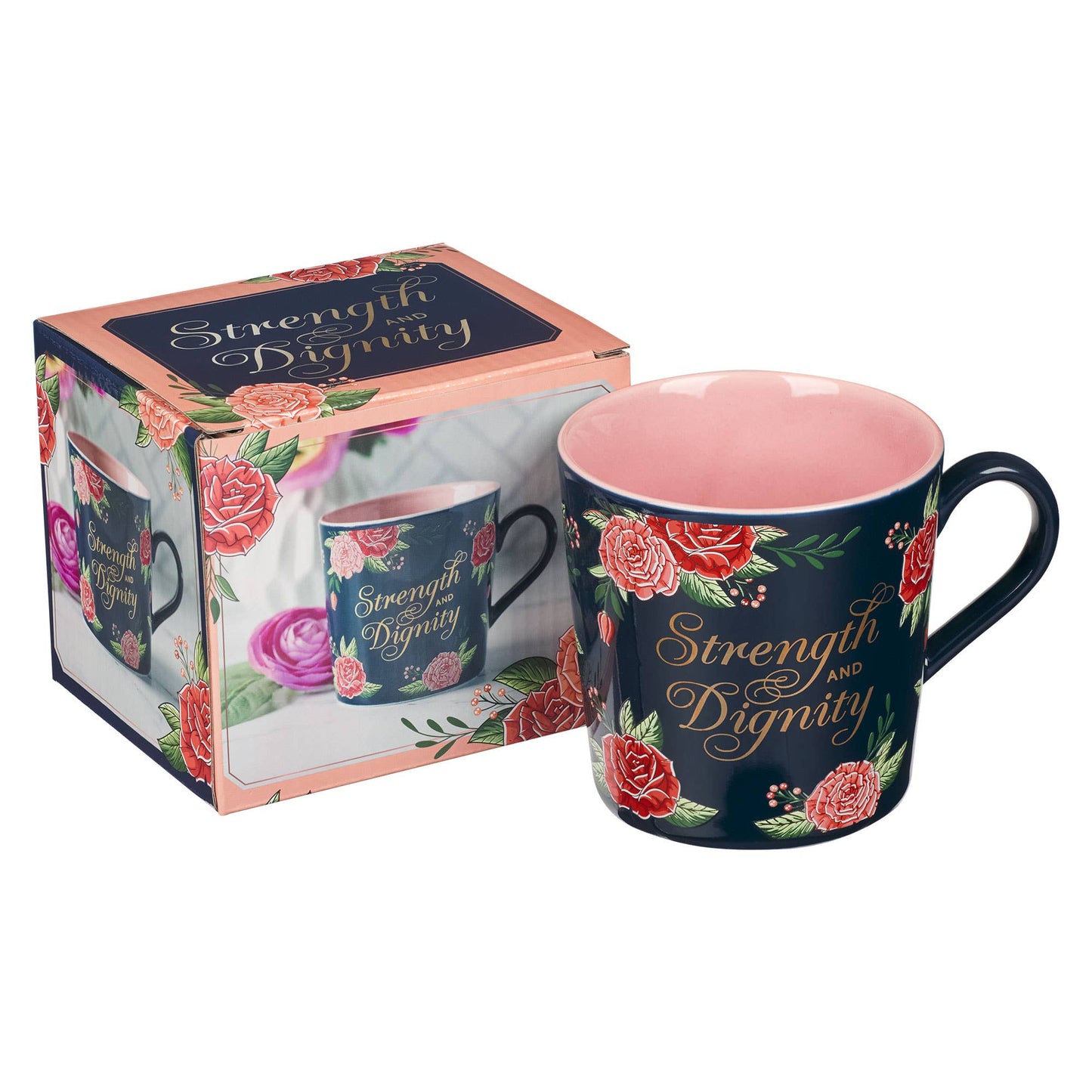 Mug Pink/Navy Floral Strength & Dignity Prov. 31:25