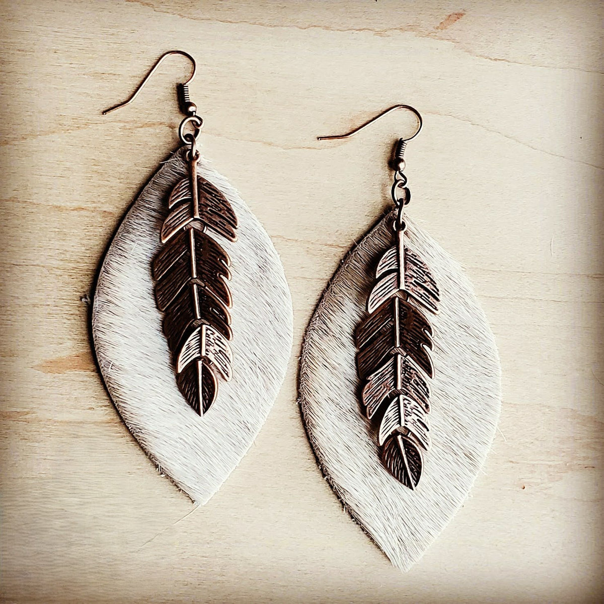 Leather Oval Earrings Tan Hair-on-Hide w/ Copper Feathers 223c