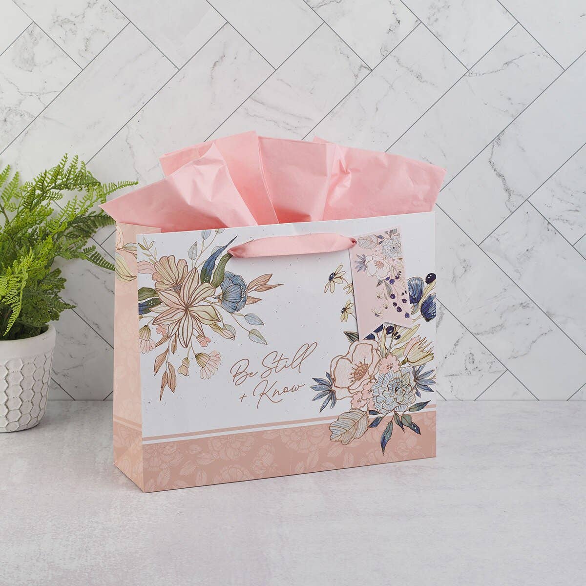 Gift Bag LG Landscape Pink/Blue Floral Be Still Ps. 46:10