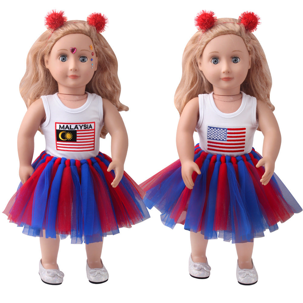 18-inch American Girl Doll Clothes Printed Short Sleeve Handmade Veil Skirt Hair Ball Hair Hoop