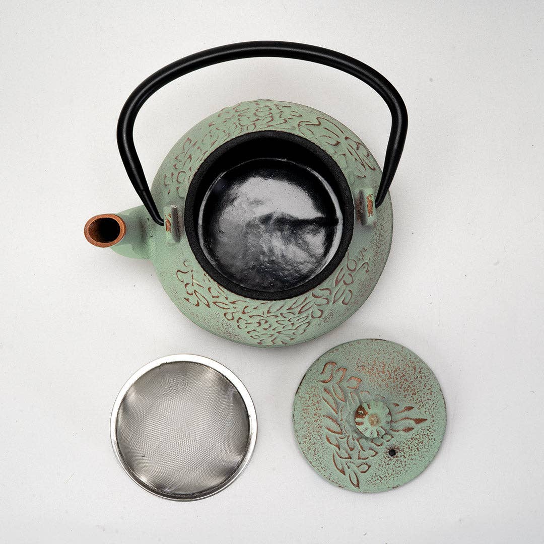 Mint Green Leaves Design 32oz Cast Iron Tea Pot (1/8)