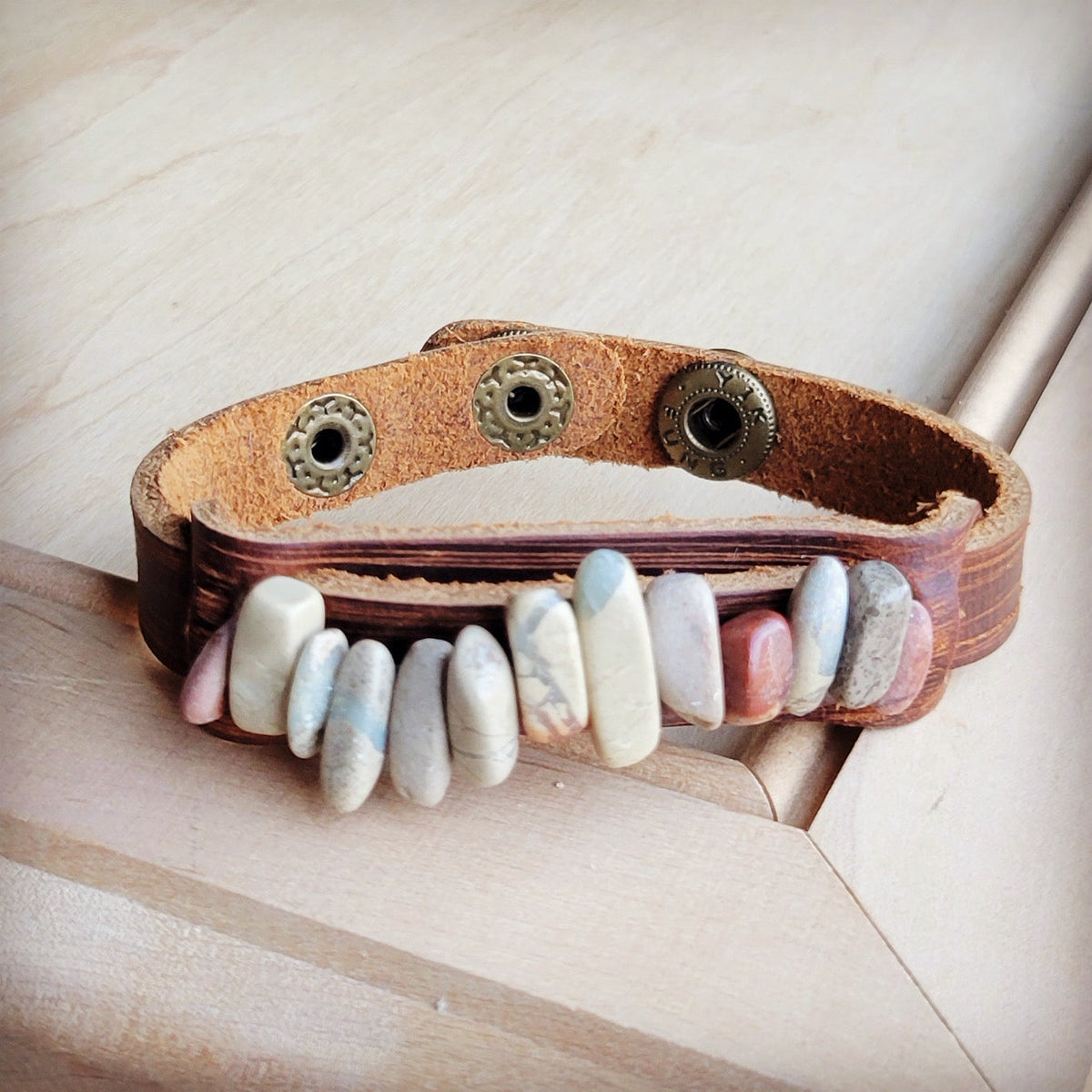 **Genuine Leather Narrow Cuff with Aqua Terra Stones 005f