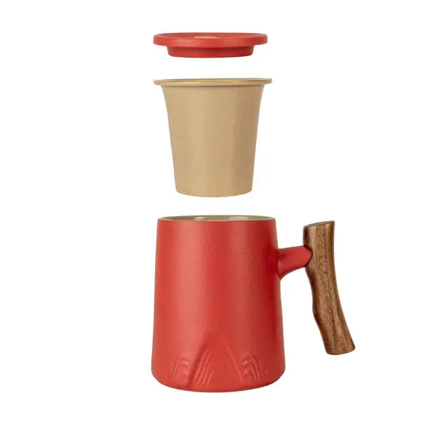 Orange Porcelain Mug with Infuser & Lid – 12 fl.oz. with Japanese-Style Wooden Handle