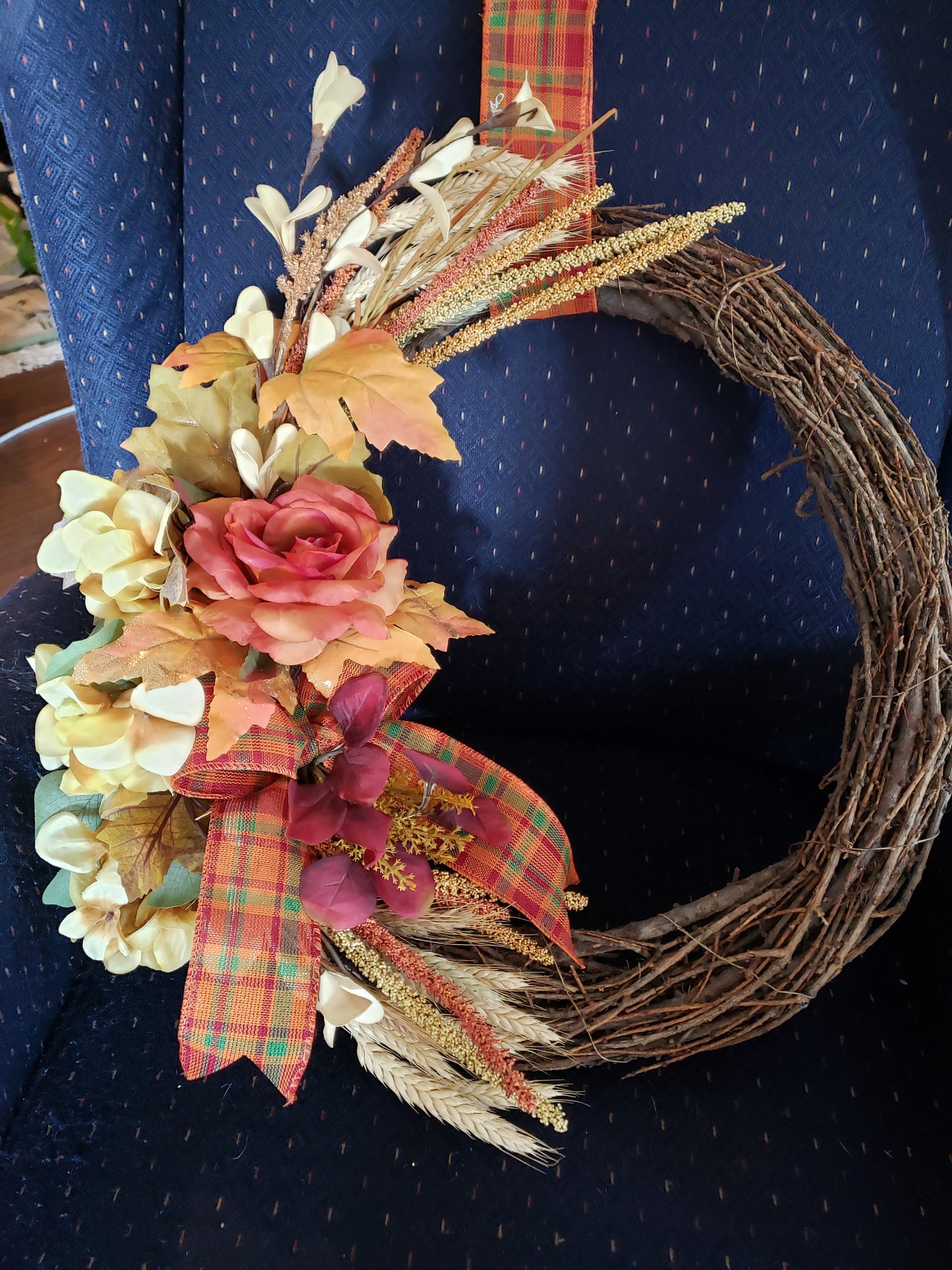 Fall Wreath Vine 20" Orange Rose, Orange Plaid Ribbon Cream Foliage