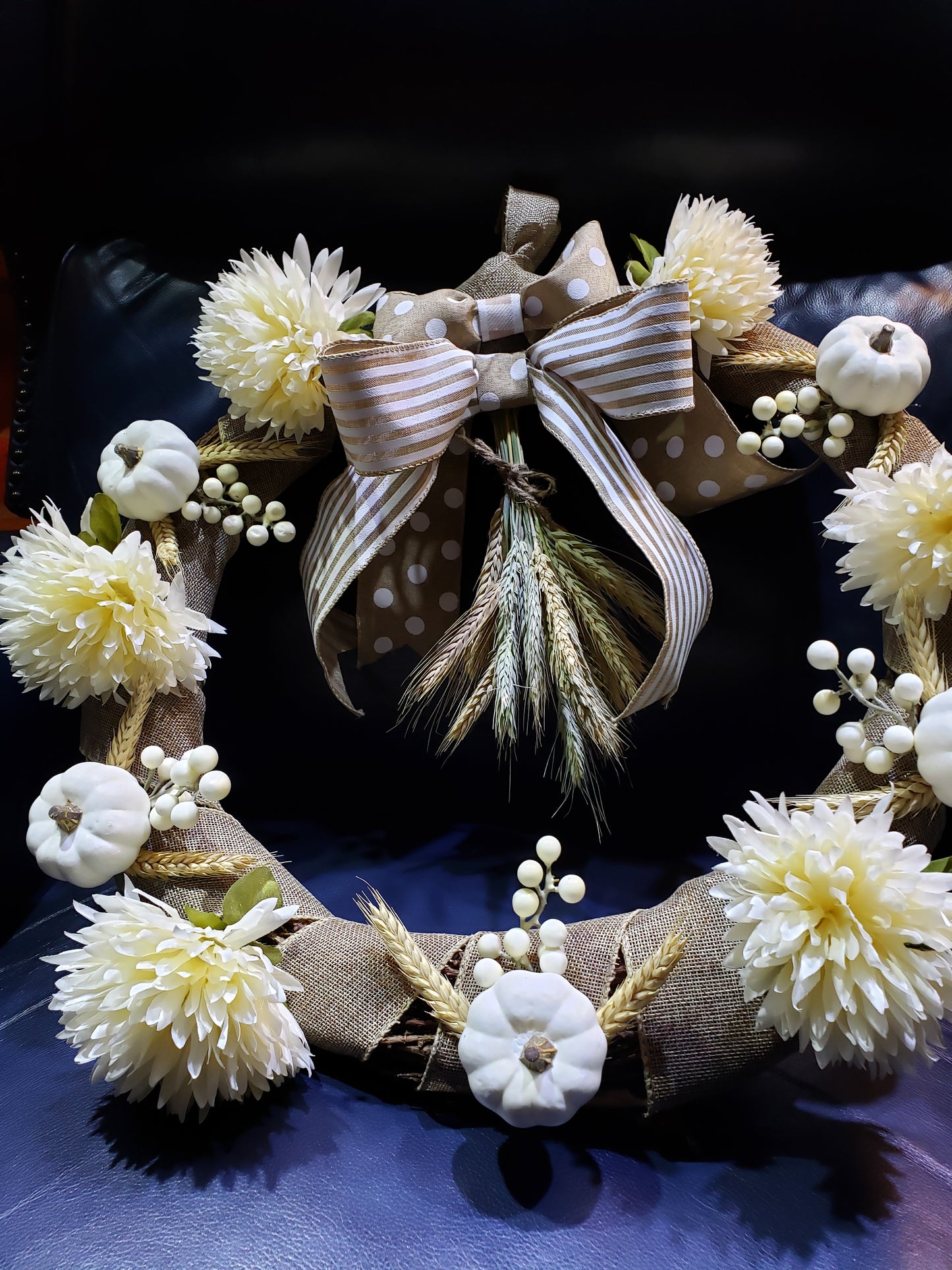 Fall Wreath Vine 20" White Dahlias & Pumpkins, Grey & White Striped Ribbon White Foliage