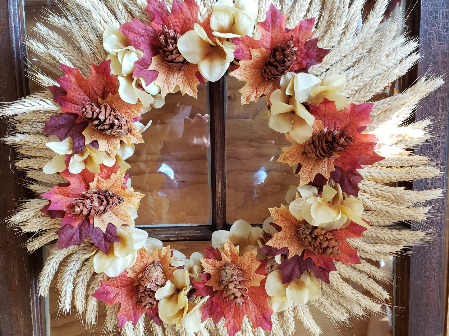 Fall Wreath Vine White Wheat Maple Leaves, Mini Pine Cones 18"