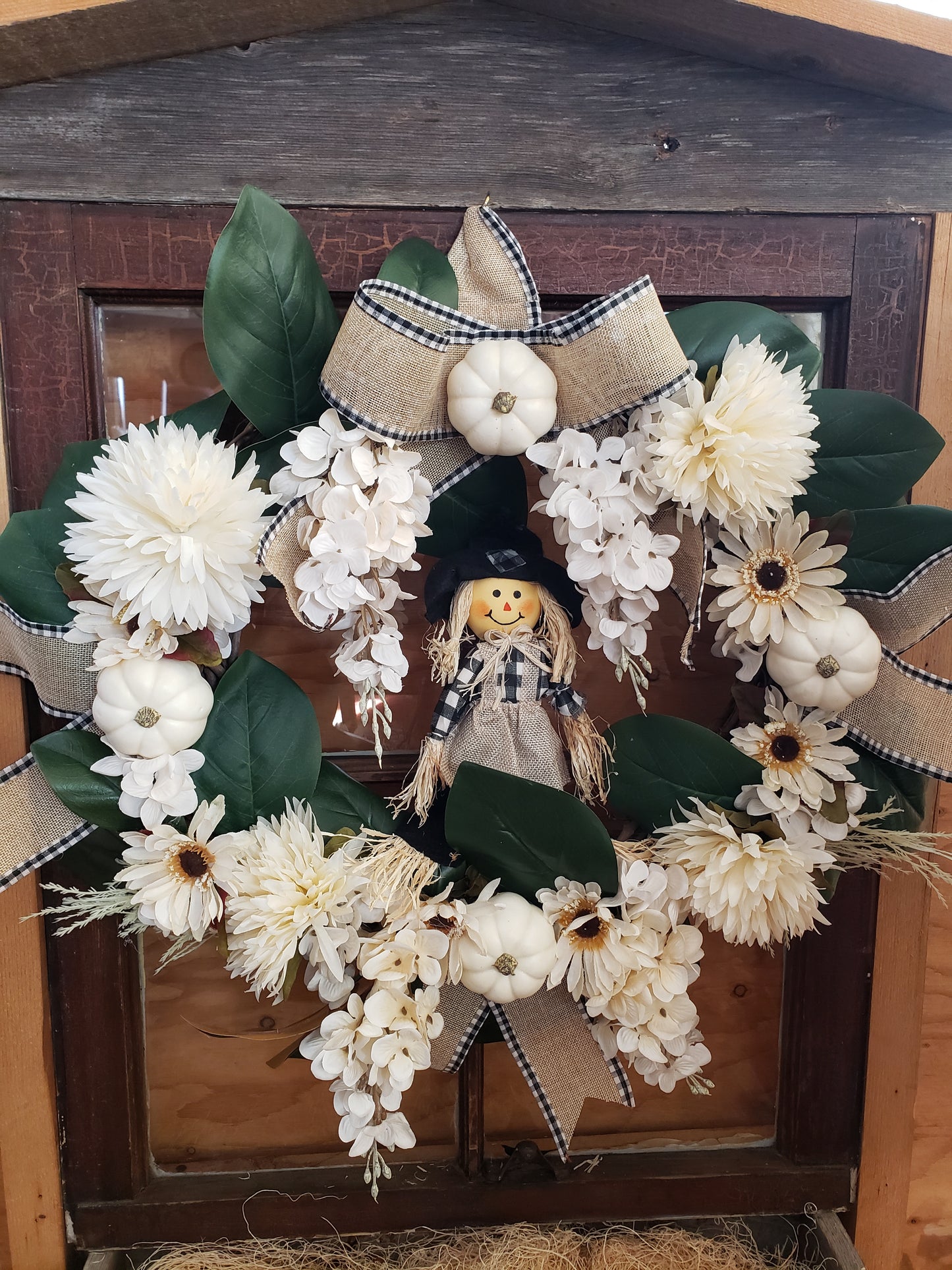 Fall Wreath Vine White and Cream Flowers and Foliage Scarecrow Girl