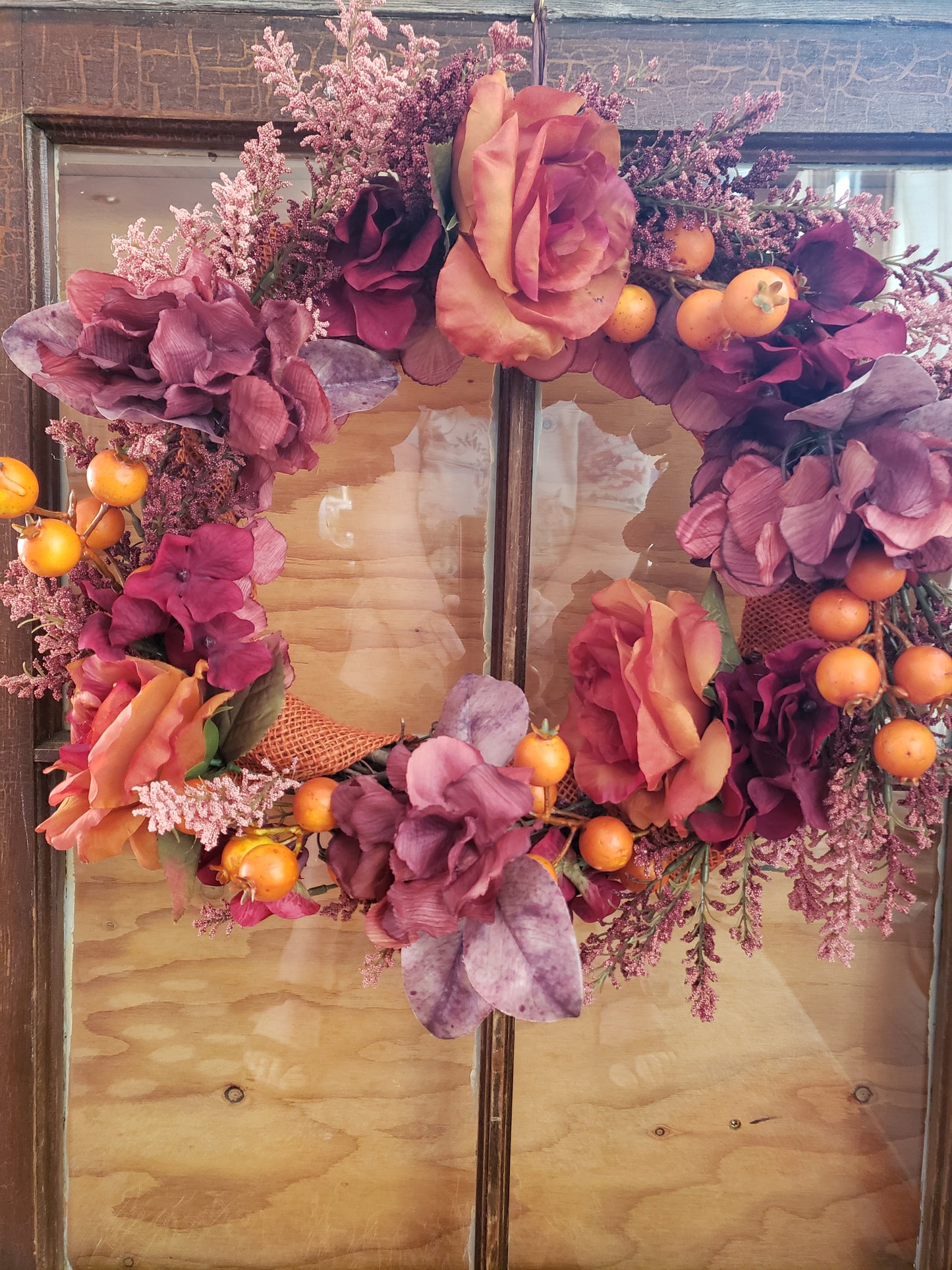 Fall Wreath Orange Roses, Light Burgundy Hydrangeas Orange Berries 17"