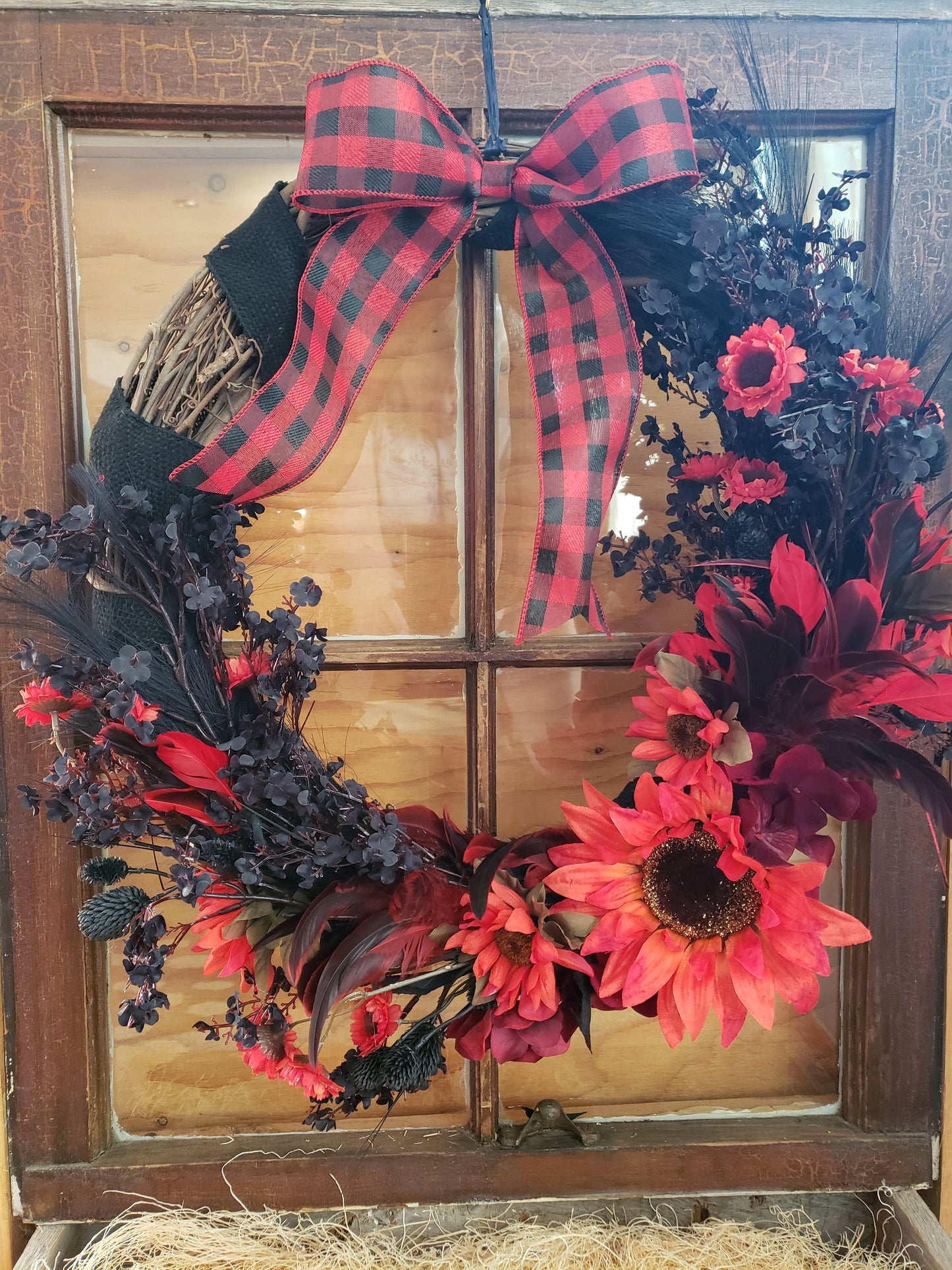Fall Wreath Vine Black and Red Flowers and Foliage, Red & Black Plaid Ribbon 20"