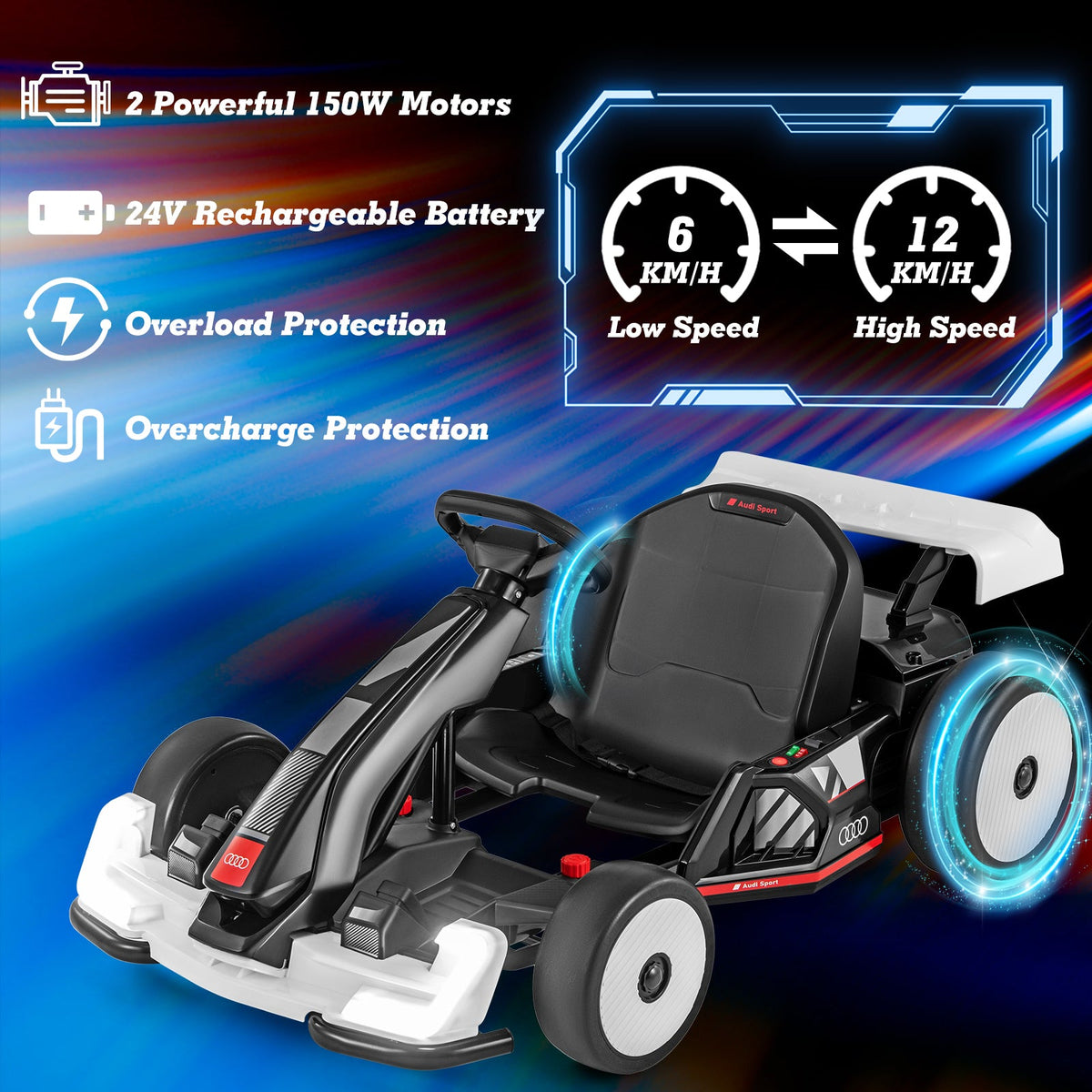 24V Kids Go Kart Licensed Audi Adjustable Ride on Racing Toy with Horn-Black & White