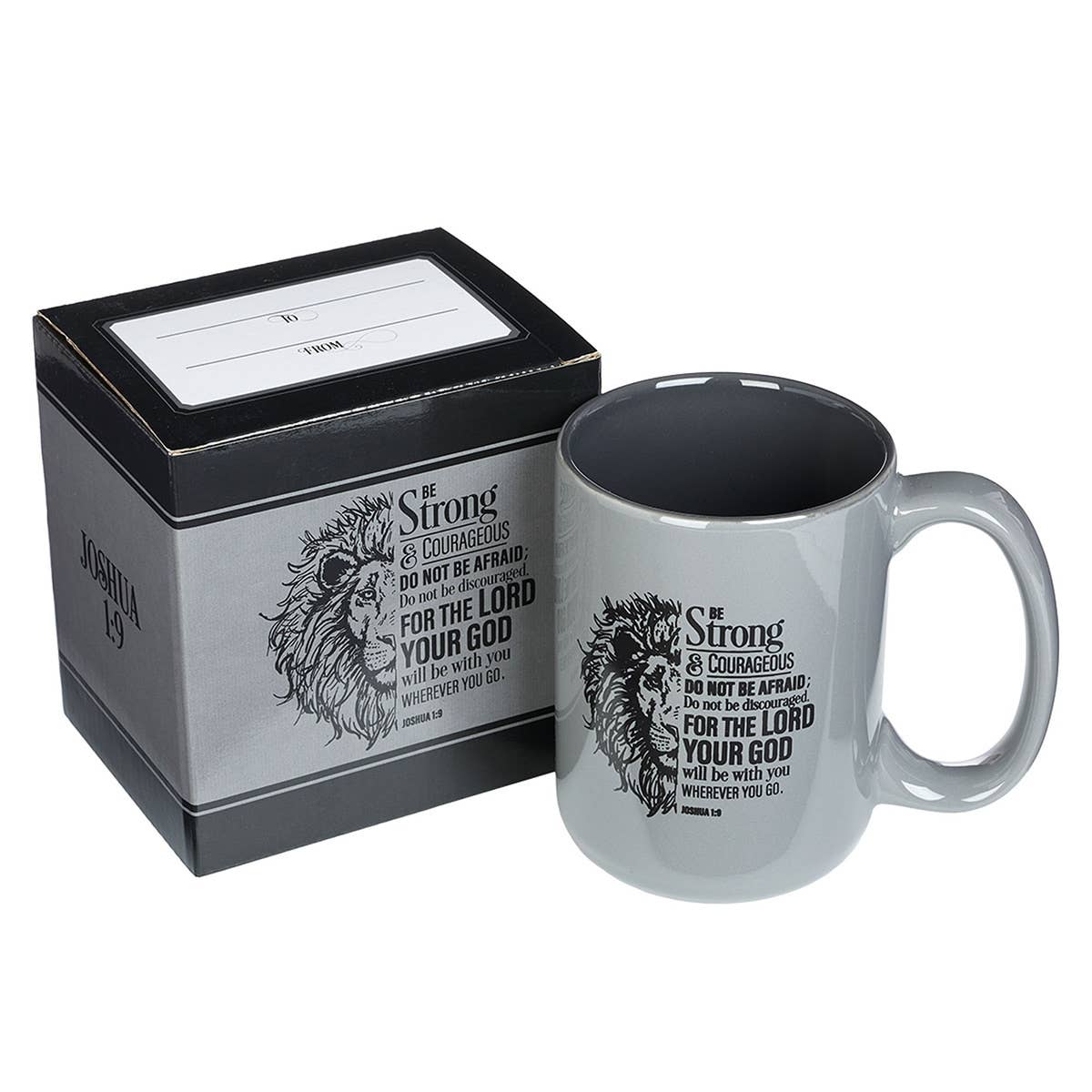 Mug Gray Lion Be Strong Josh. 1:9