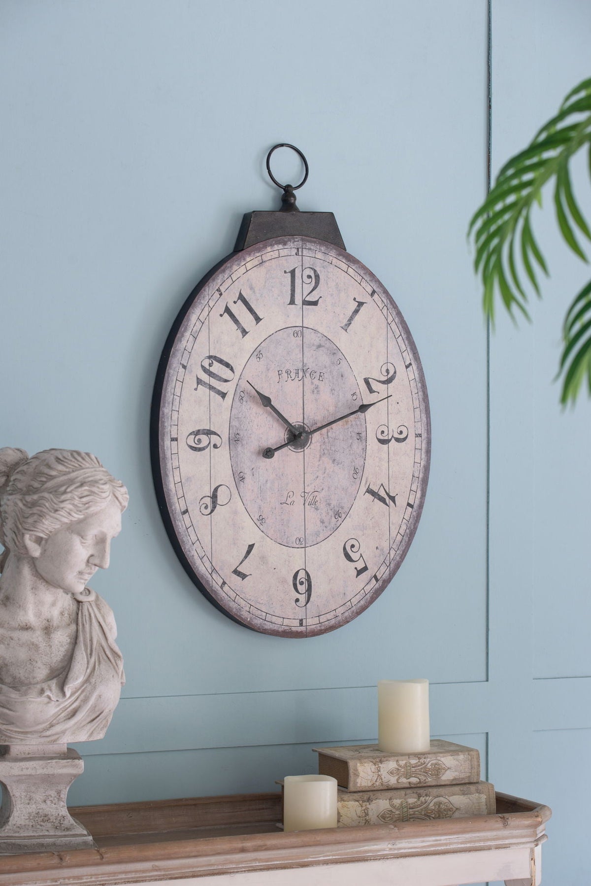 Antique Oval Wall Clock with Easy-Hang Design - Ivory