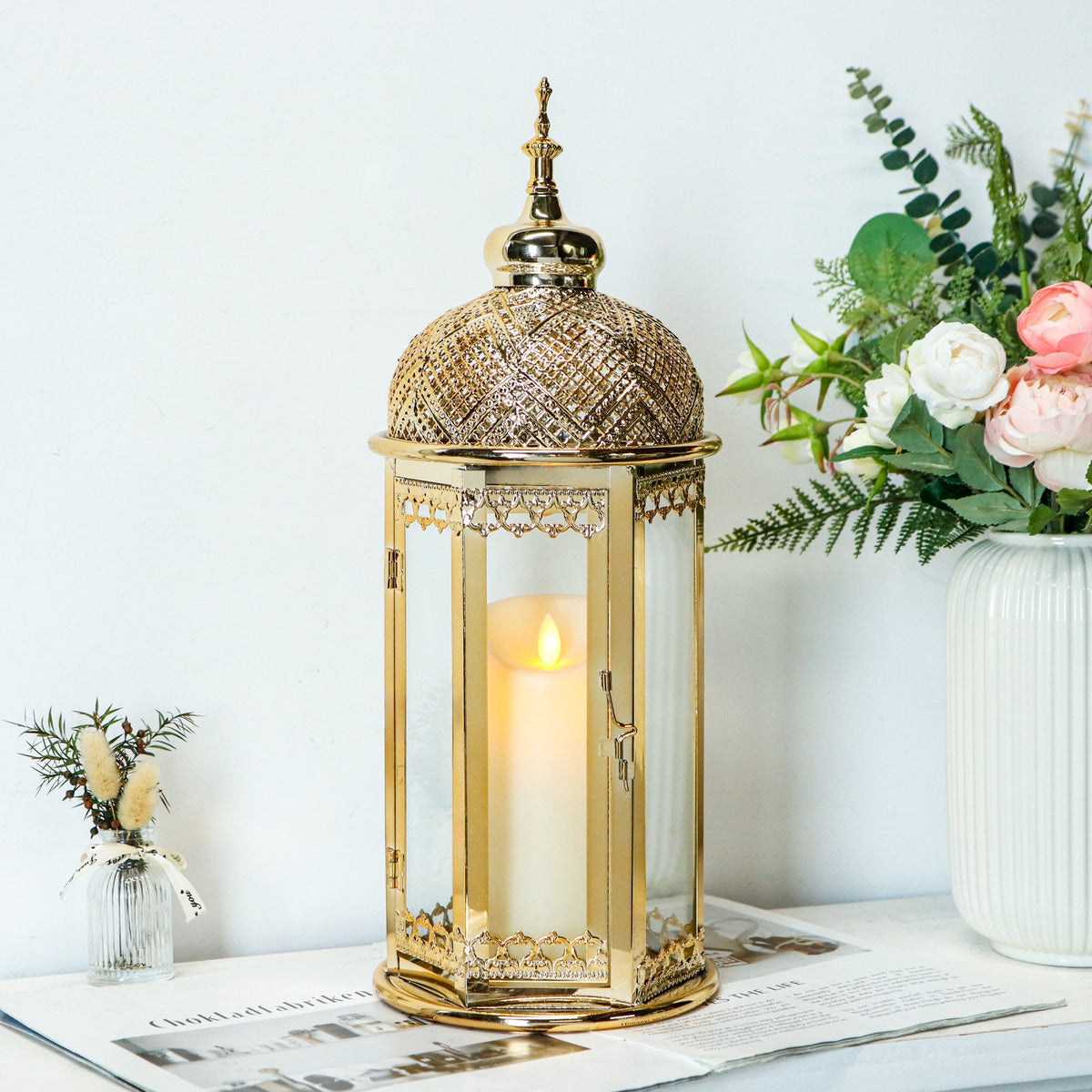 Moroccan Candle Lantern 37cm High Gold Candle Holder with Tempered Glass (40pcs)