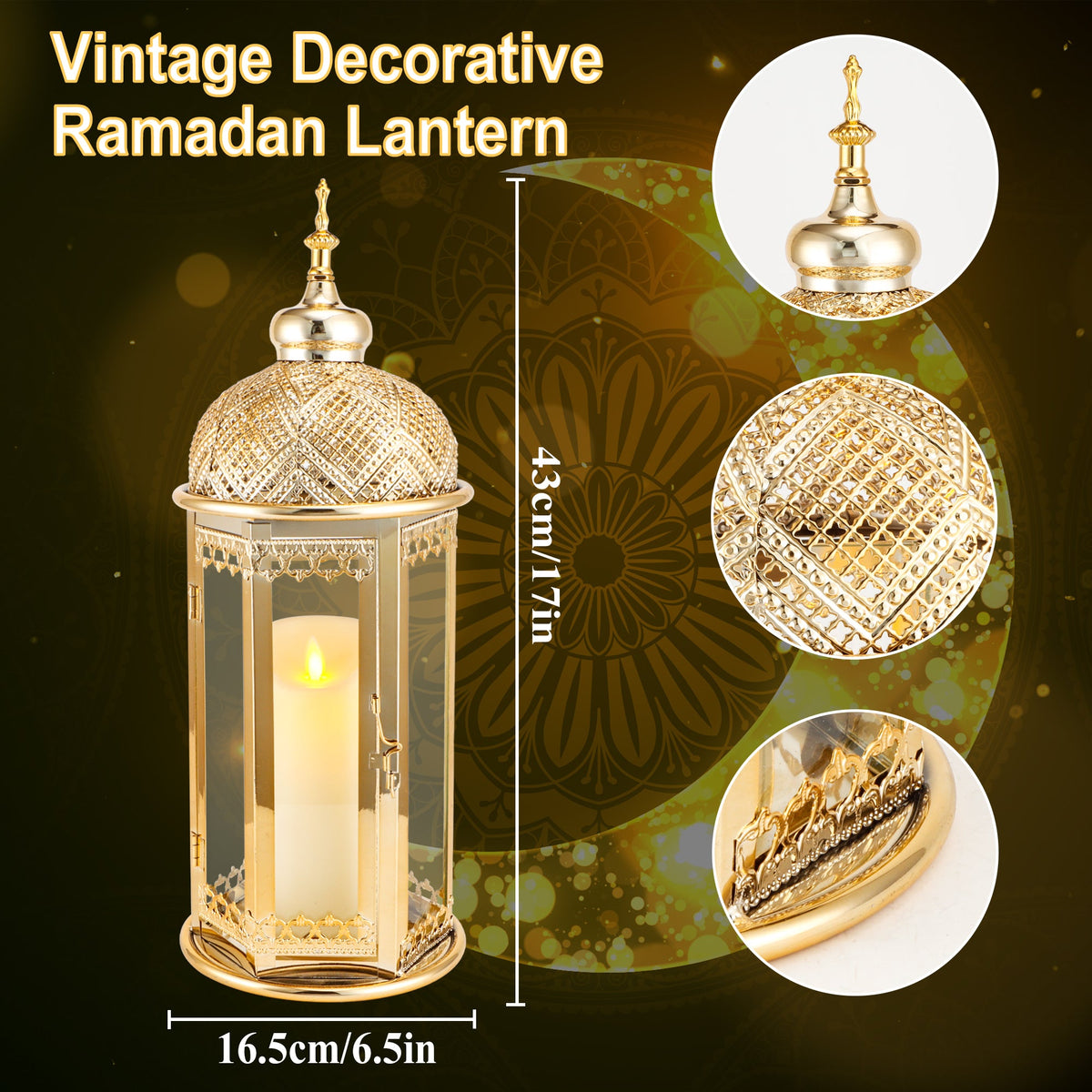 Moroccan Candle Lantern 37cm High Gold Candle Holder with Tempered Glass (40pcs)