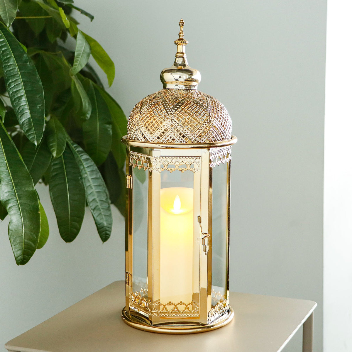 Moroccan Candle Lantern 37cm High Gold Candle Holder with Tempered Glass (40pcs)