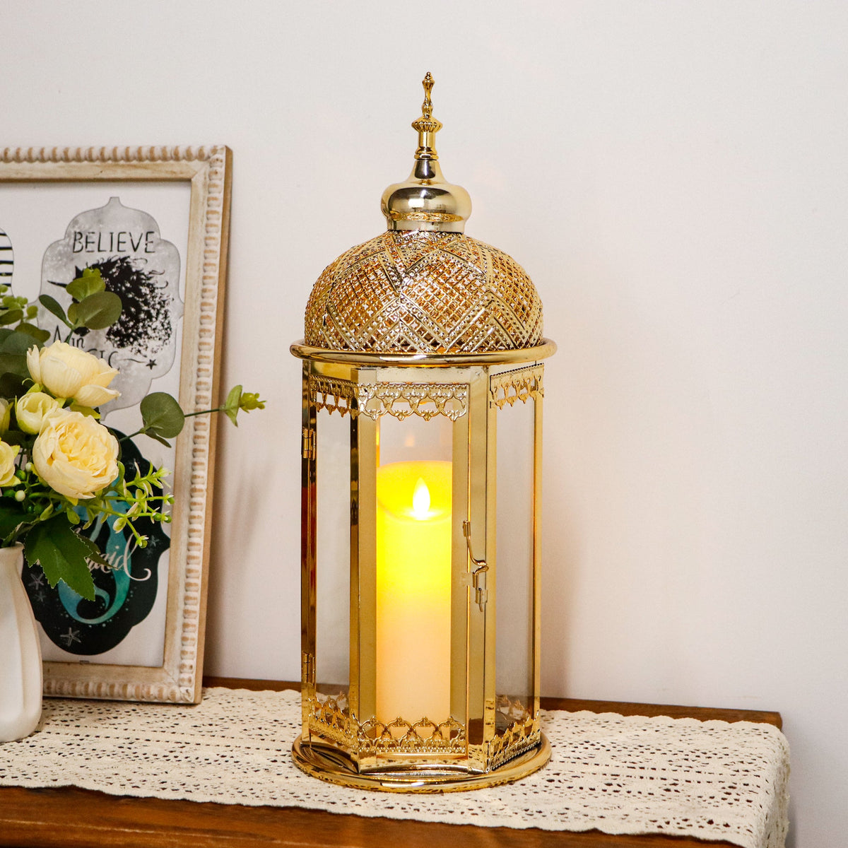 Moroccan Candle Lantern 37cm High Gold Candle Holder with Tempered Glass (40pcs)