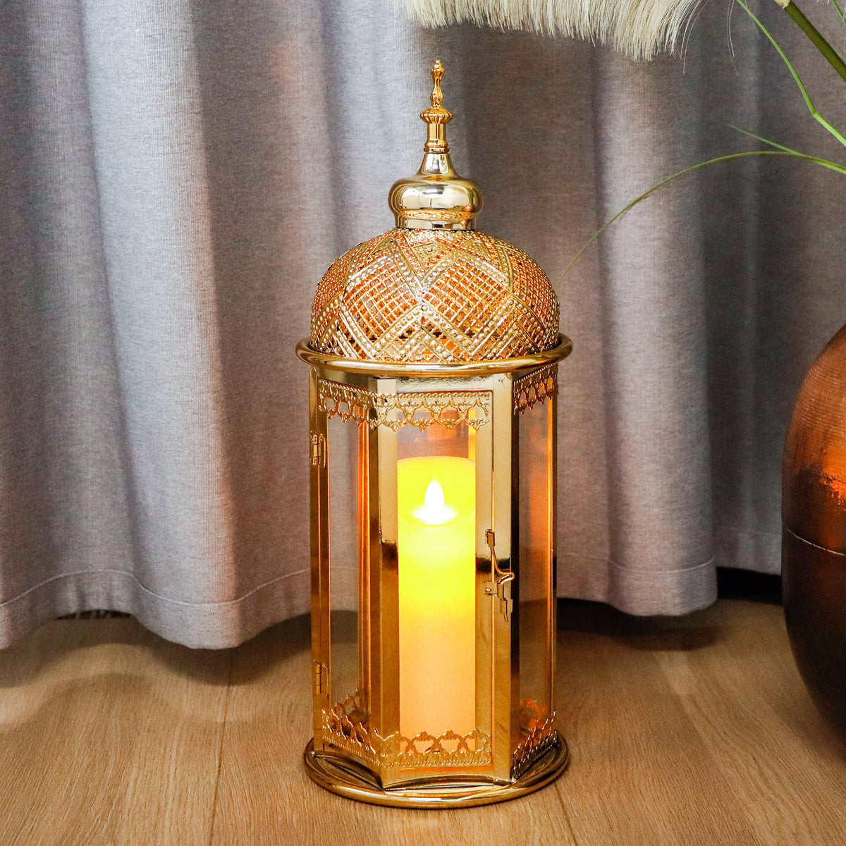 Moroccan Candle Lantern 37cm High Gold Candle Holder with Tempered Glass (40pcs)