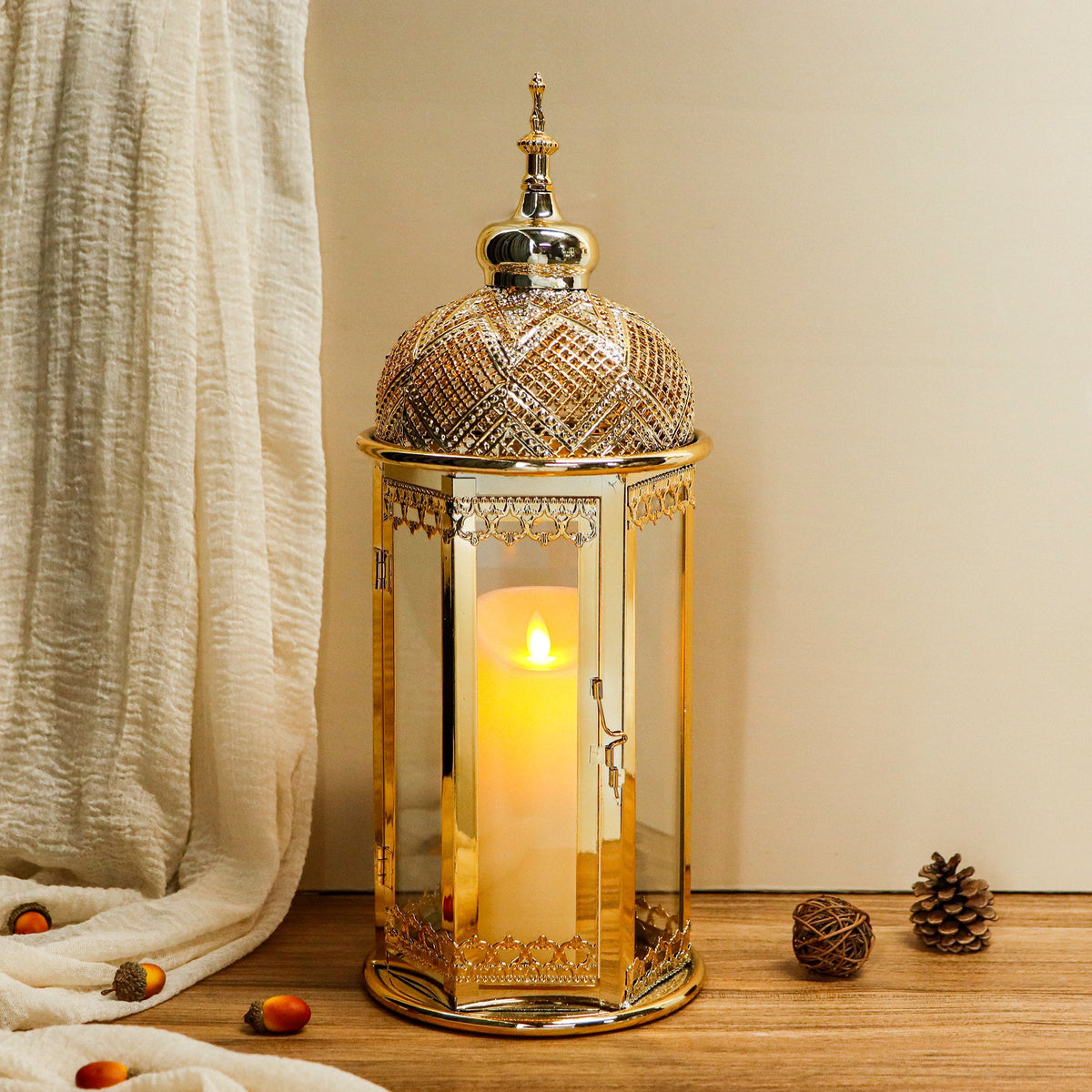 Moroccan Candle Lantern 37cm High Gold Candle Holder with Tempered Glass (40pcs)