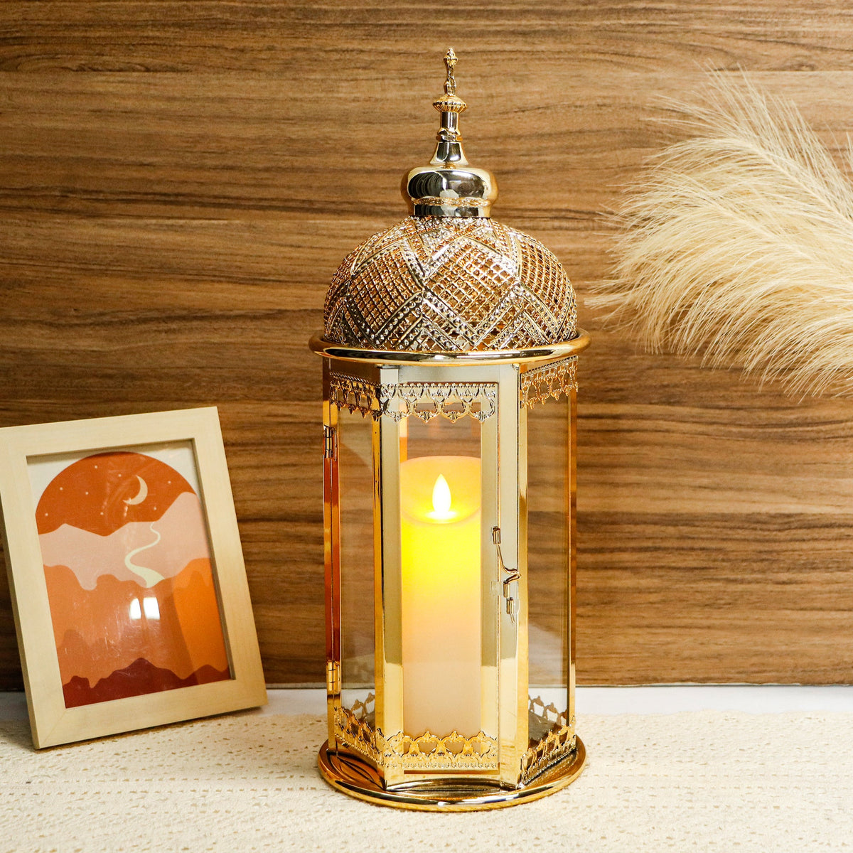 Moroccan Candle Lantern 37cm High Gold Candle Holder with Tempered Glass (40pcs)
