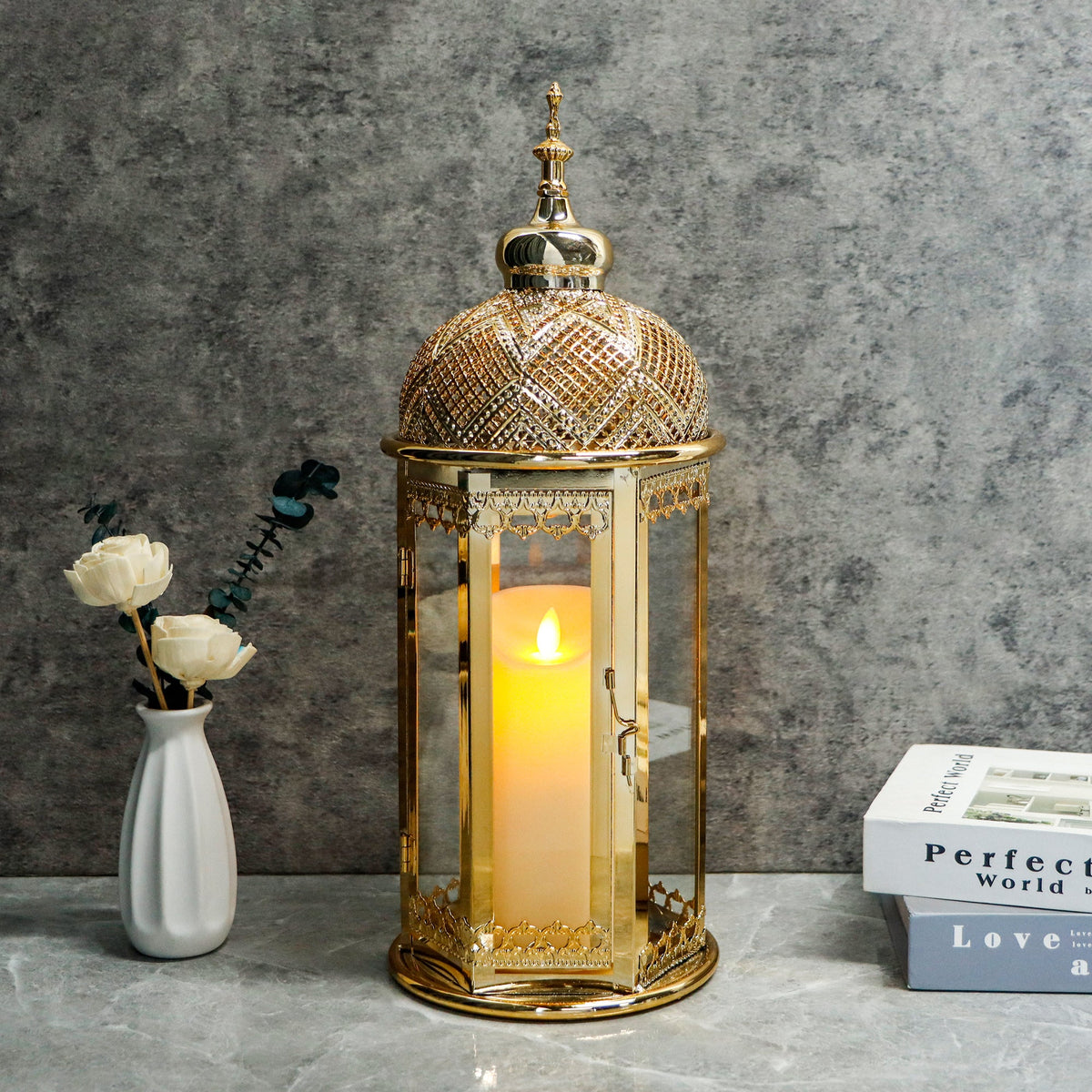 Moroccan Candle Lantern 37cm High Gold Candle Holder with Tempered Glass (40pcs)