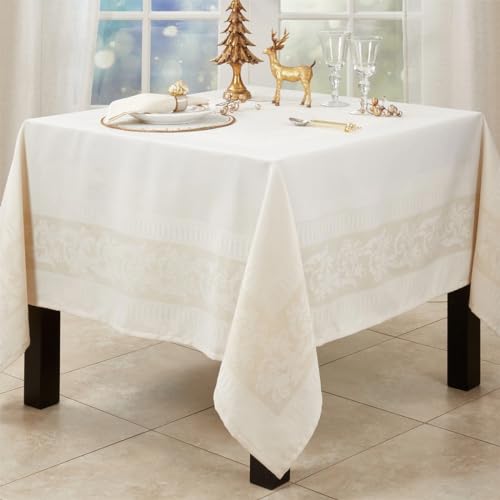 Ecru Jacquard Floral Tablecloth 65" W x 90" L Rectangle Flower Table Cover