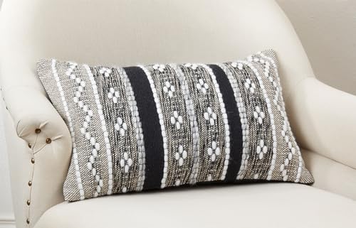 Black Multi-Pattern Woven Cotton Decorative Throw Pillow Cover