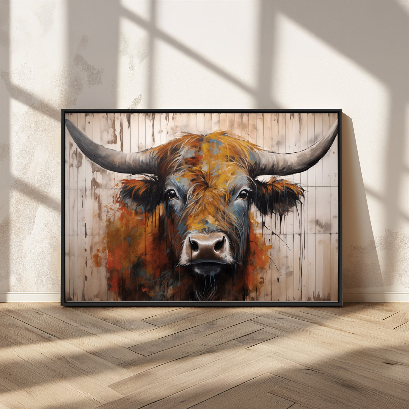 Scottish Highland Cow Cattle Art Print on Wood Style