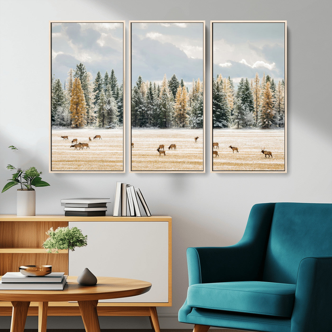 Elk Herd Wall Art – Framed Snowy Forest Canvas Artwork,