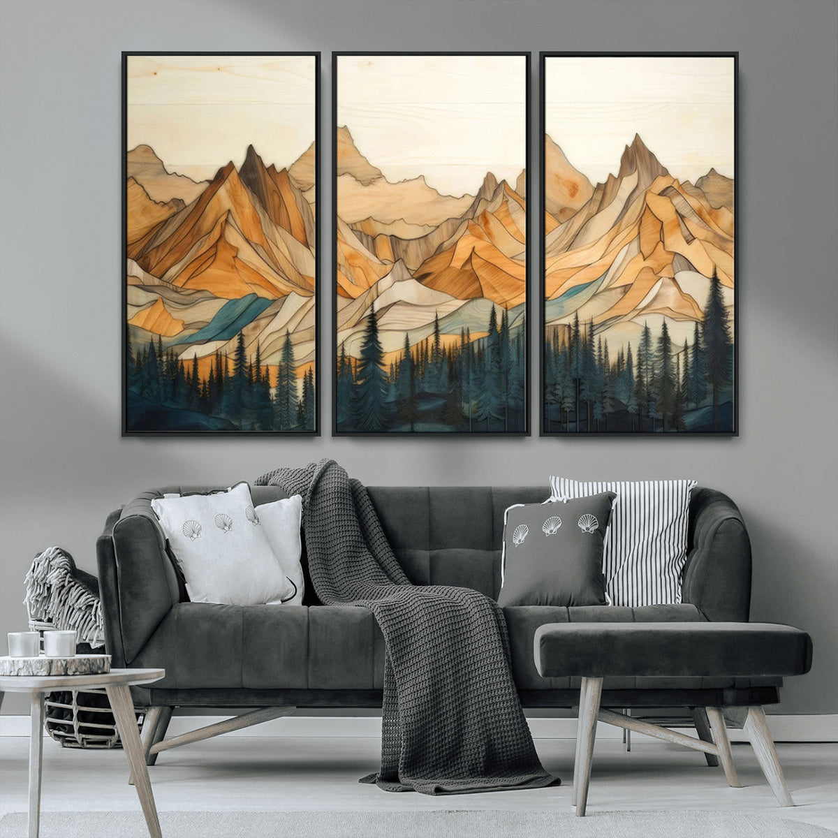 Rustic Wood Mountain Wall Art Print | Triptych Giclee Print