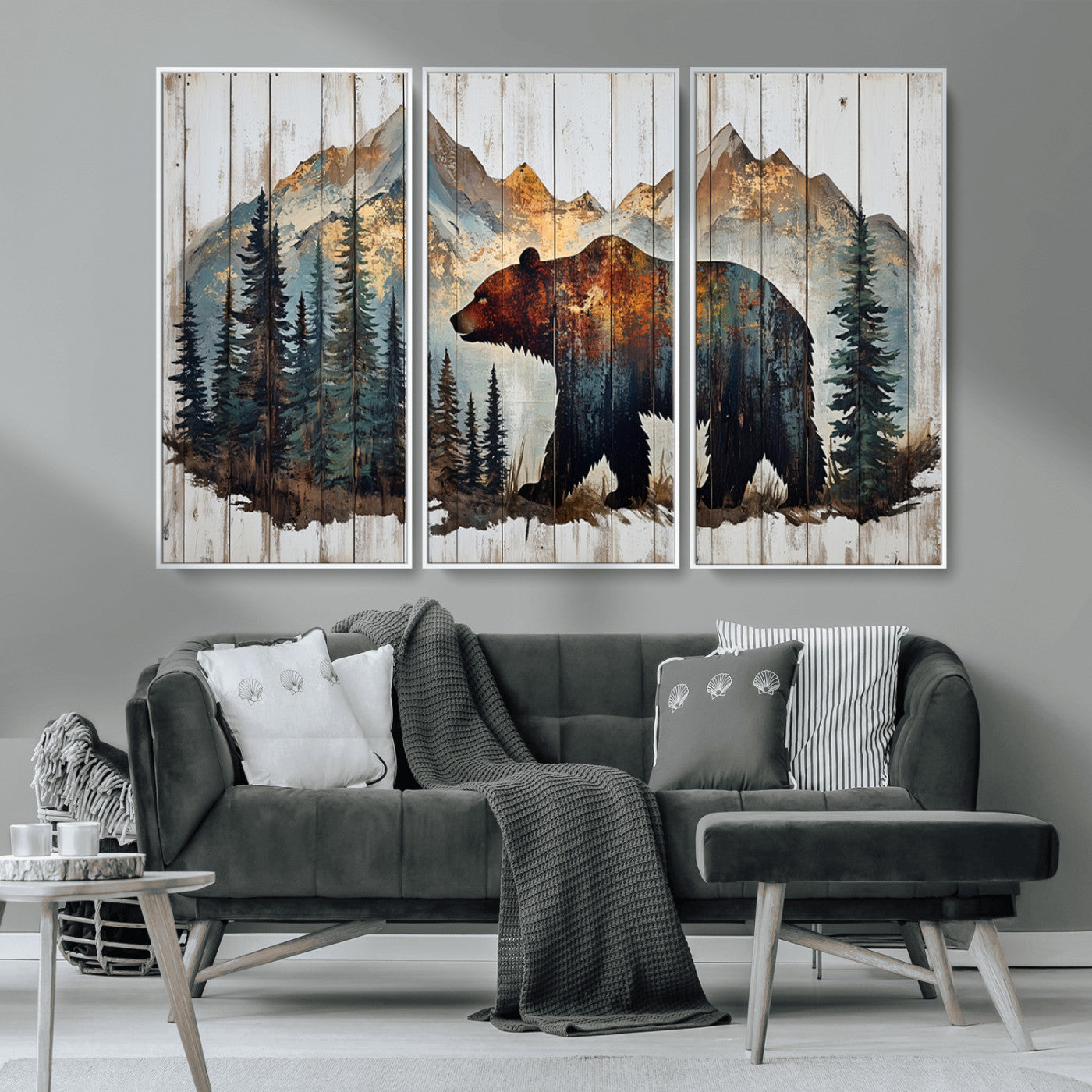 Rustic Grizzly 399 Bear and Mountain Wood Canvas Wall Art -