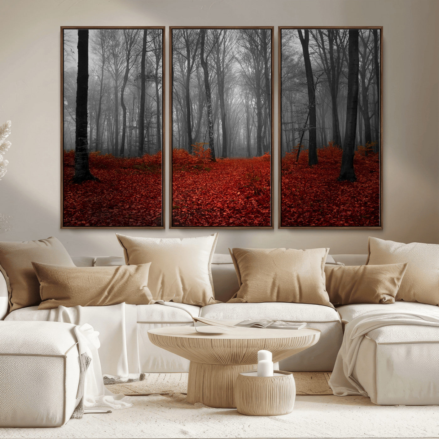 Red Forest Floor Canvas Wall Art – Mystical Foggy Woodland