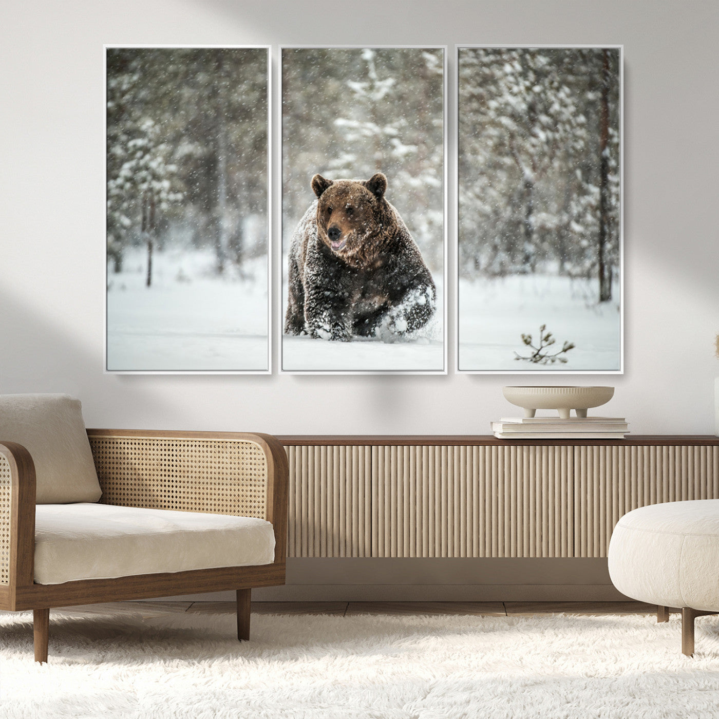 Grizzly Bear Wall Art – Framed Snowy Forest Canvas Artwork,