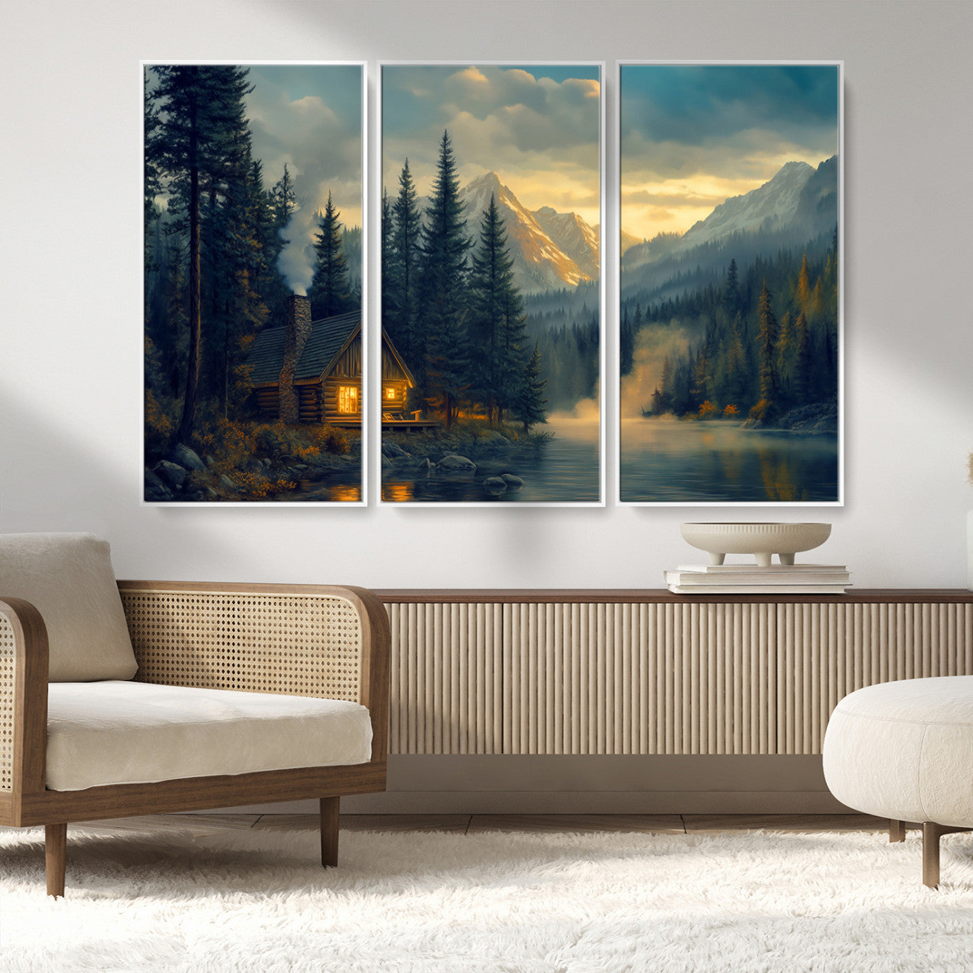 Mountain Cabin by the Lake at Sunset Wall Art - Serene