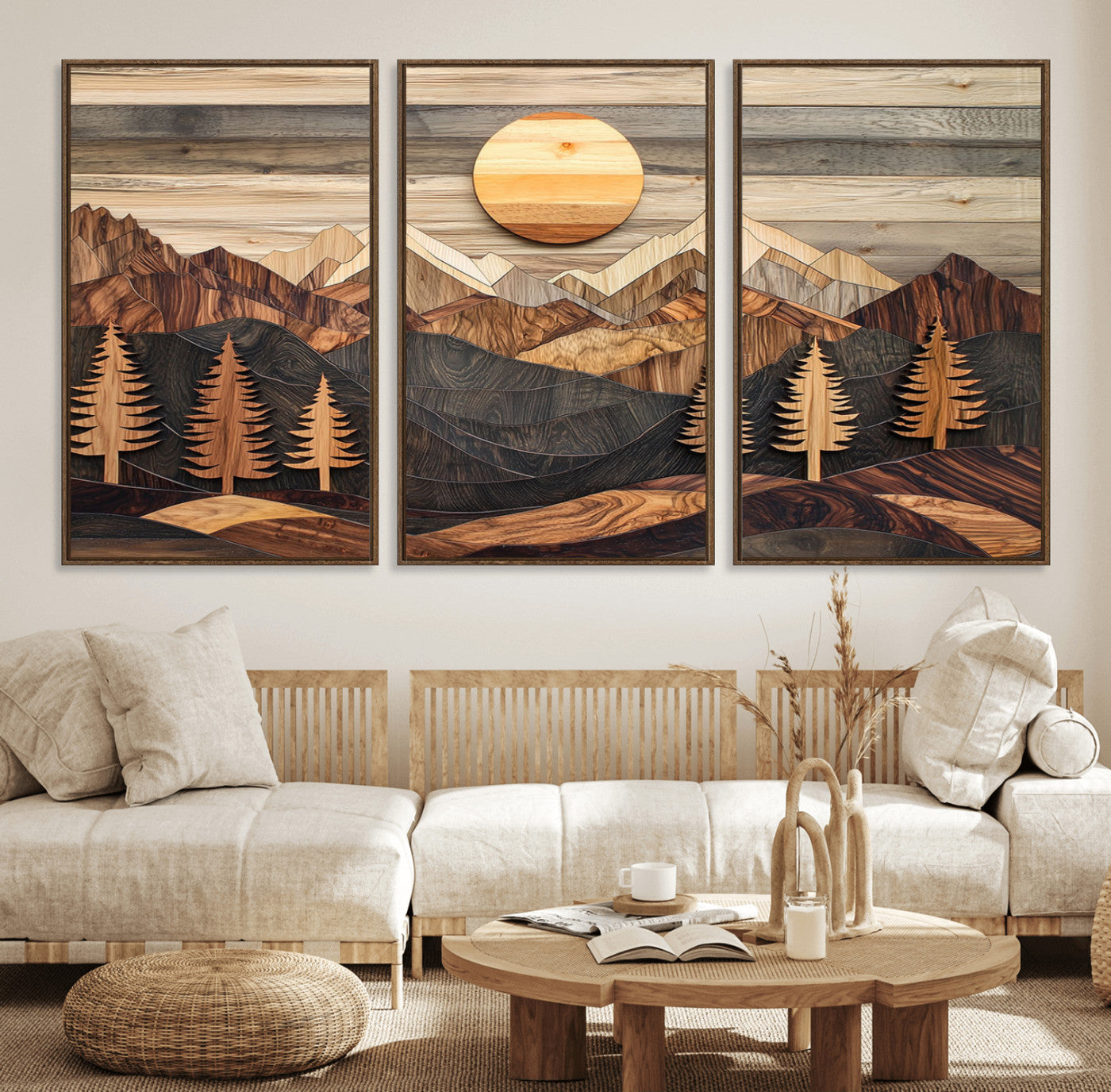 Wooden Mountain Layers Art – Rustic Pine Tree Landscape