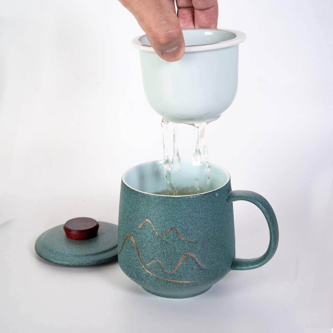 15oz Tea Mugs with Lid and Infuser for Loose Leaf Tea Mountain Design Green (4/48)