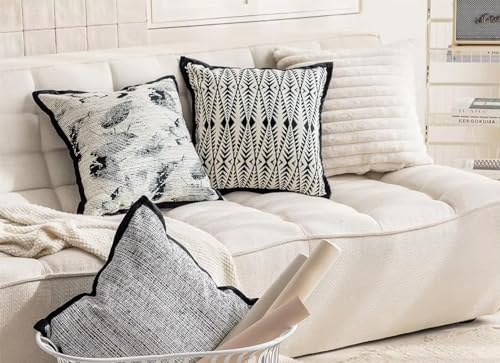 Art Style Leaf Feather Design Jacquard Throw Pillow Cover 18" W X 18" L – Black Woven Square Cushion Case for Couch, Sofa, Bedroom, Office and Living Room Décor