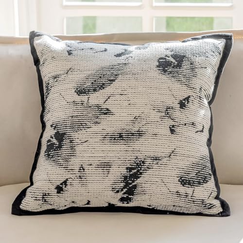 Art Style Leaf Feather Design Jacquard Throw Pillow Cover 18" W X 18" L – Black Woven Square Cushion Case for Couch, Sofa, Bedroom, Office and Living Room Décor