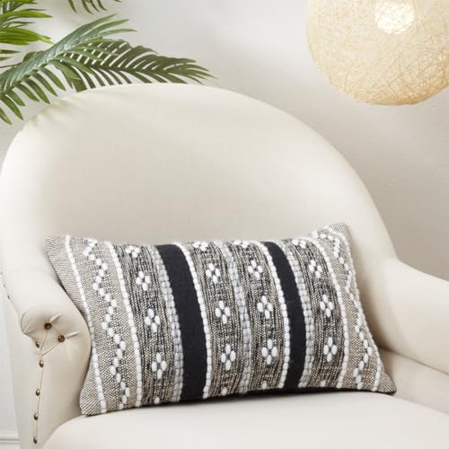 Black Multi-Pattern Woven Cotton Decorative Throw Pillow Cover