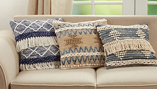 Multi Texture Chindi Cotton Jute Decorative Throw Pillow 18" W x 18" L - Natural Square Cushion for Home, Couch, Living Room, Bedroom, Office and Holiday Décor
