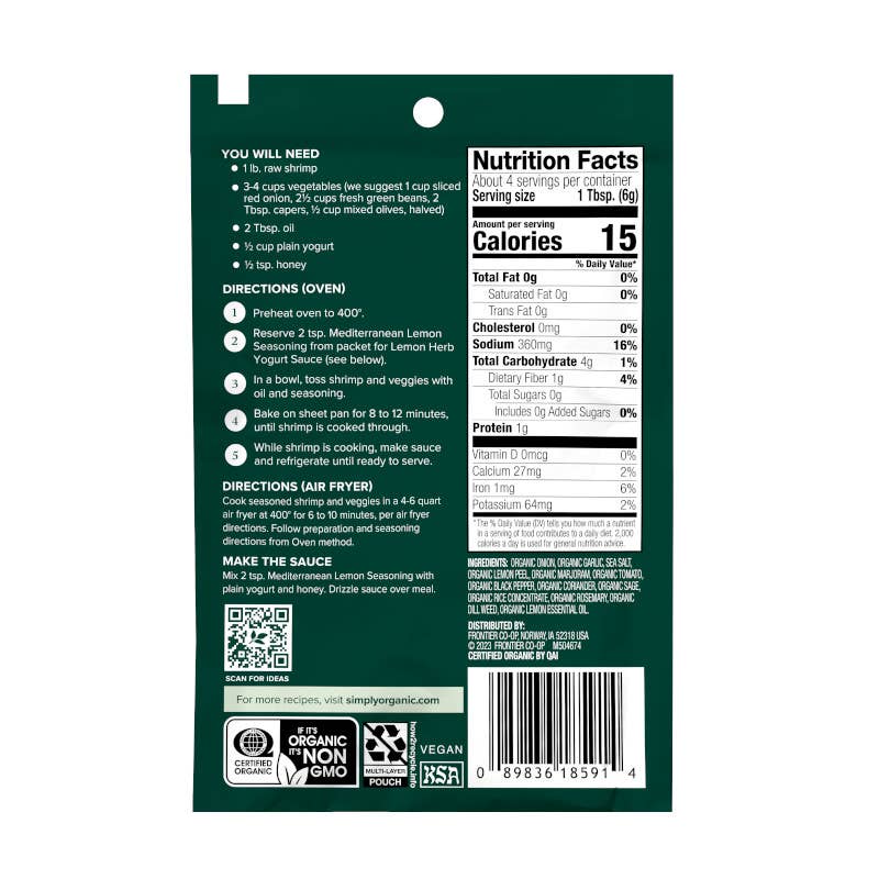 Simply Organic Sheet Pan Seasoning, Mediterranean Lemon