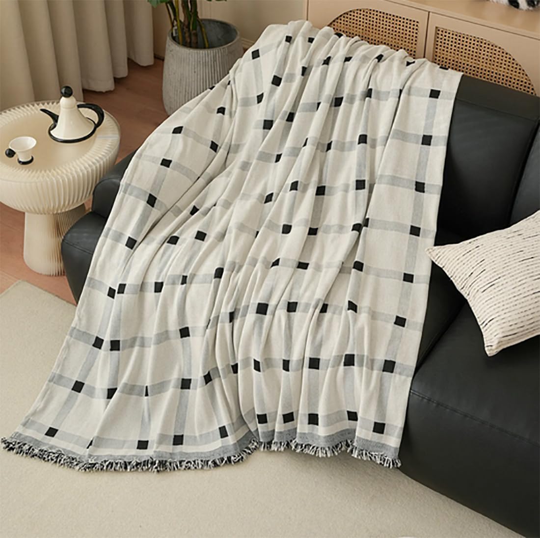 Checkered Fringe Chenille Reversible Throw Blanket 50" W x 72" L — cozy home accent blanket for living room or bed online gift shop find