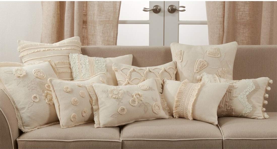 Fennco Styles Delicate Cord Pom Pom Applique Cotton Decorative Throw Pillow Cover & Insert 12 x 18 Inch - Ivory Accent Cushion for Home, Couch, Living Room and Everyday Décor