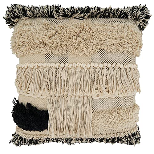 Fennco Styles Embroidered Tufted Fringe Cotton Decorative Throw Pillow 20" W X 20" L – Black & White Textured Cushion for Couch, Sofa, Bedroom, Office and Living Room Décor