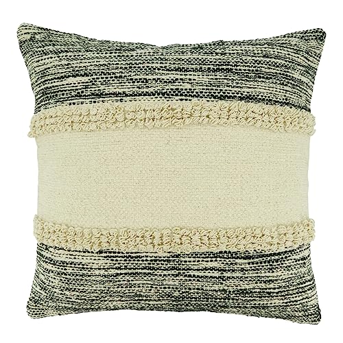 Stripe Chindi Design Cotton Decorative Throw Pillow 20" W X 20" L – Black & Natural Textured Cushion for Couch, Sofa, Bedroom, Living Room and Office Décor