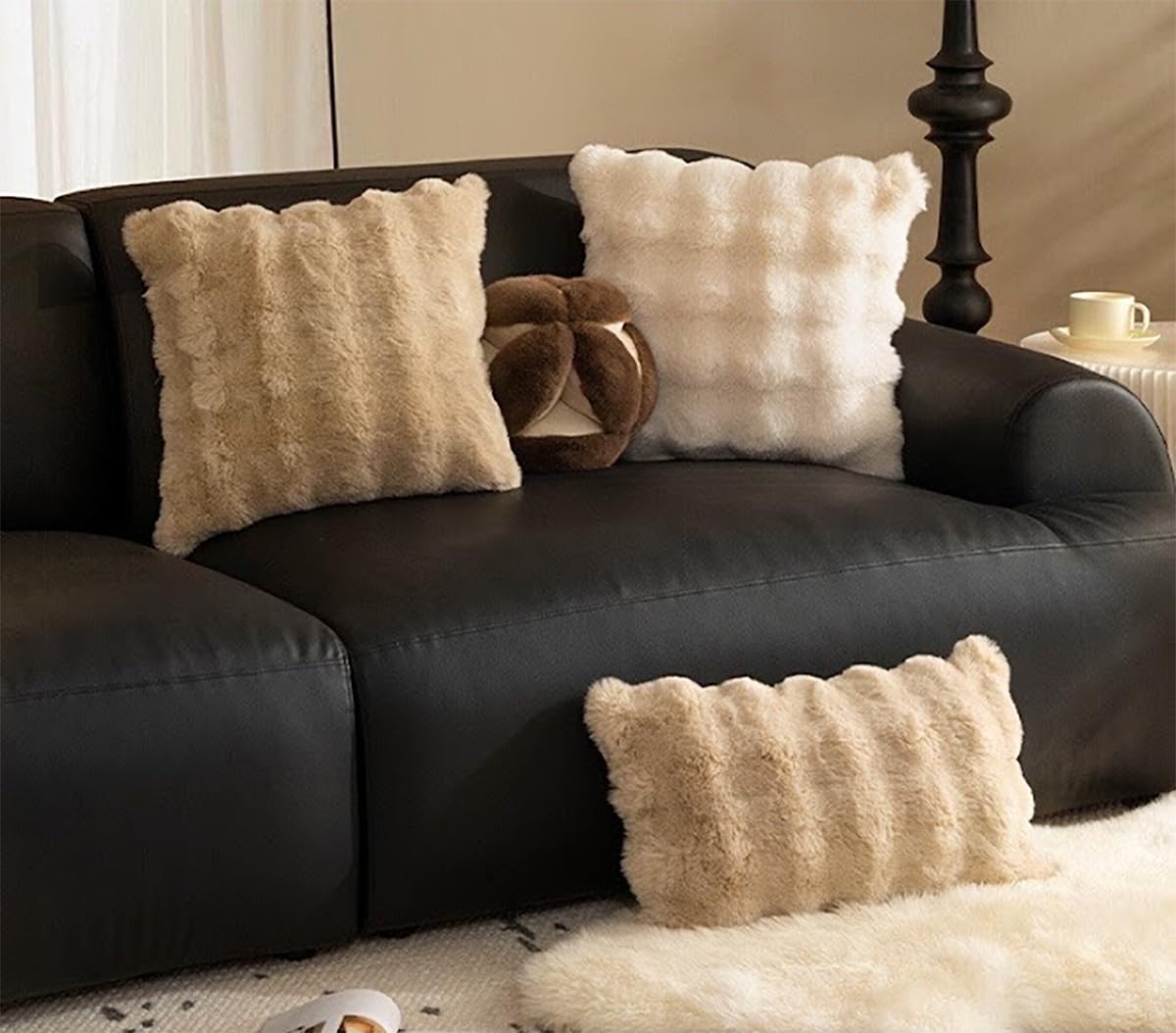 Luxury Faux Fur Decorative Filled Throw Pillow 18" W x 18" L – Ivory Plush Fluffy Cushion for Couch, Bedroom, Living Room and Office Décor