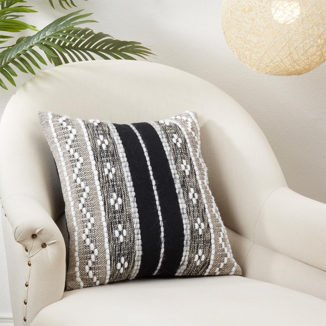 Black Multi-Pattern Woven Cotton Decorative Throw Pillow Cover