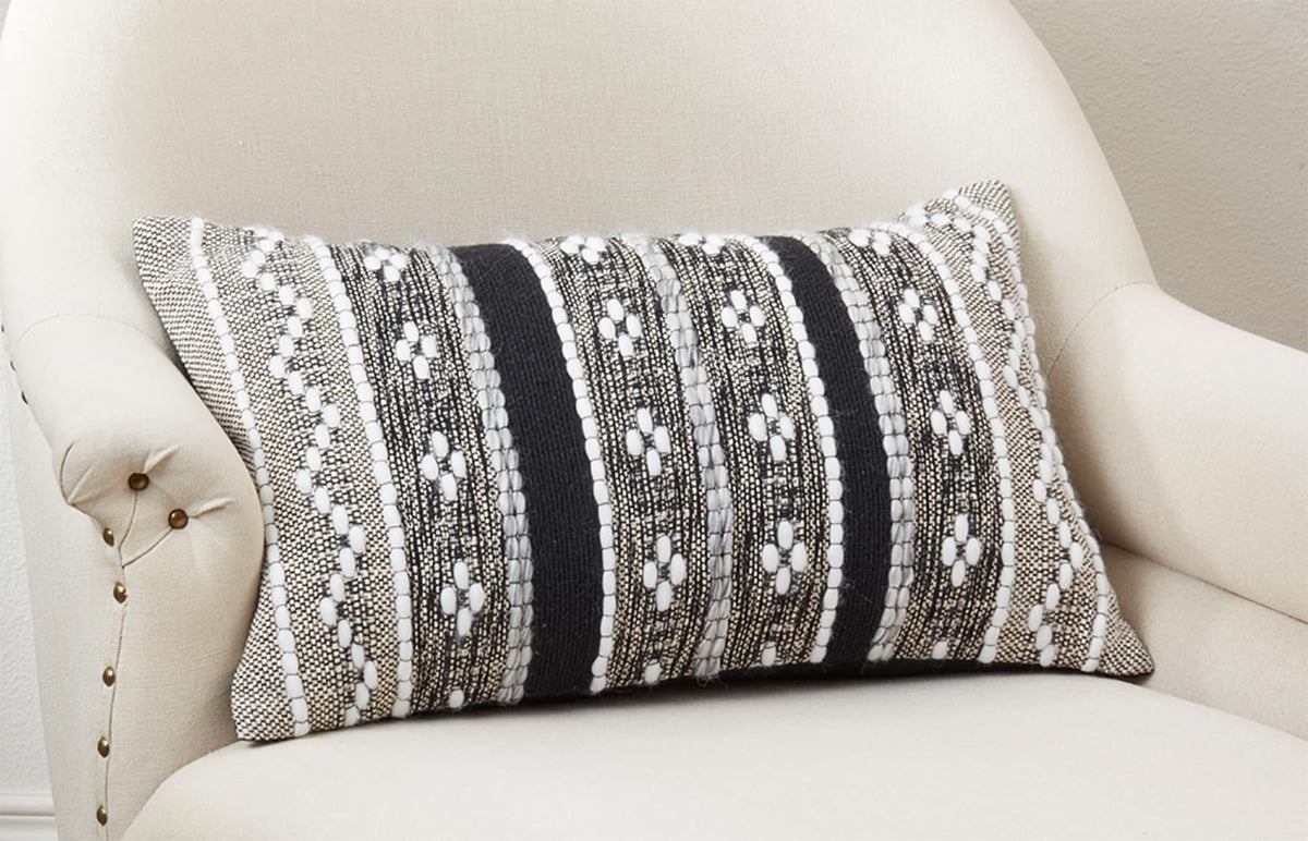 Black Multi-Pattern Woven Cotton Decorative Throw Pillow Cover